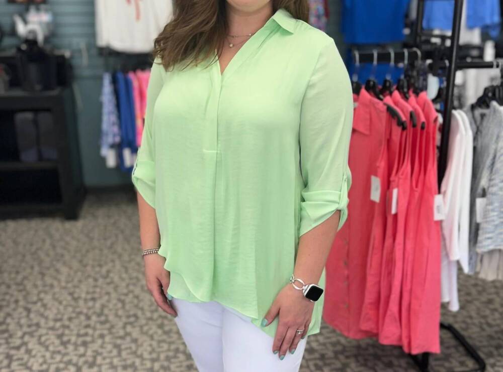 NEW RENUAR v-neck collared woven blouse - plus in green